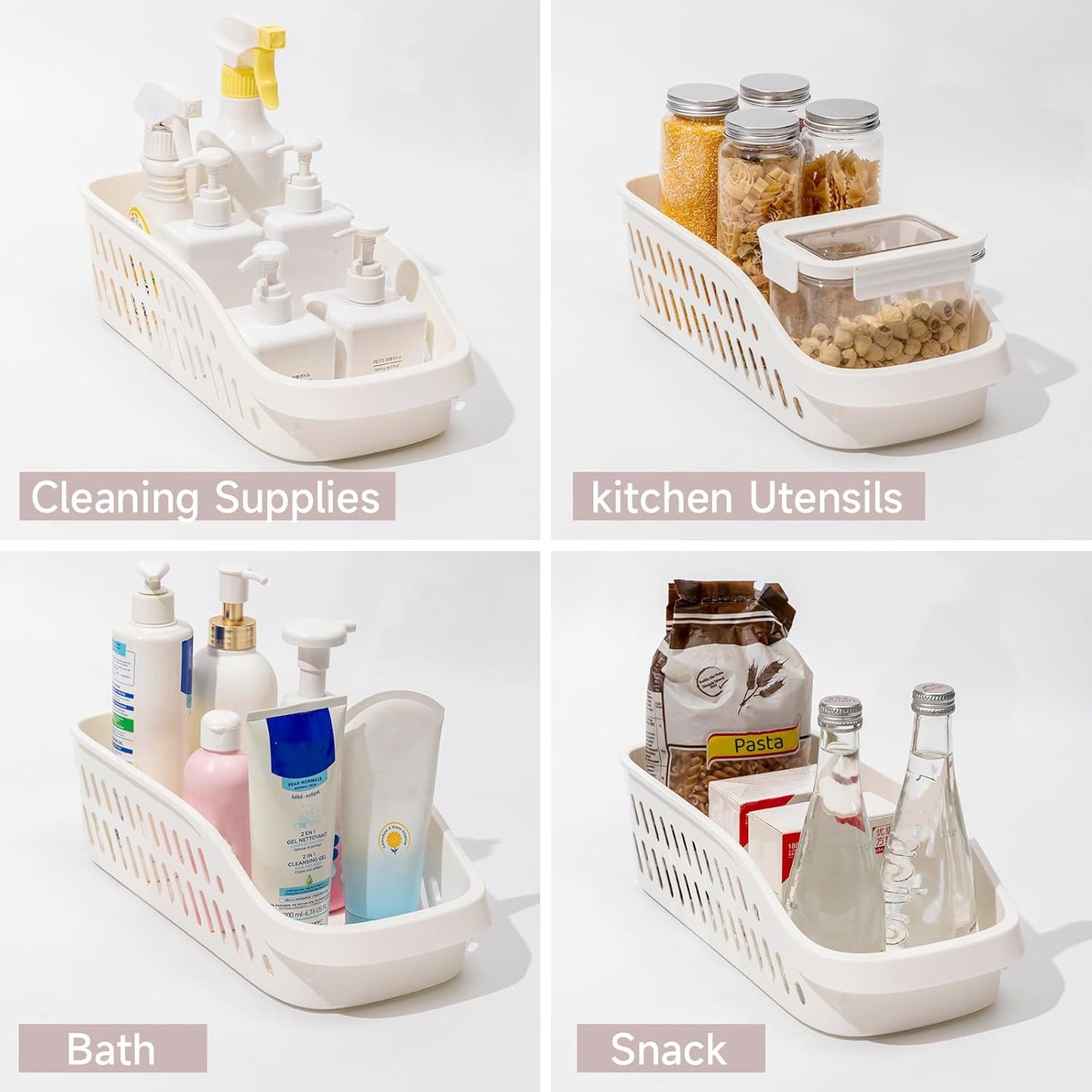 3 Pack Pantry Organizers and Storage with Wheels Pull Out Kitchen Cabinet Organizers and Storage Multi-purpose Rolling Organizer Bin for Food, Snack, Cleaning Supplies