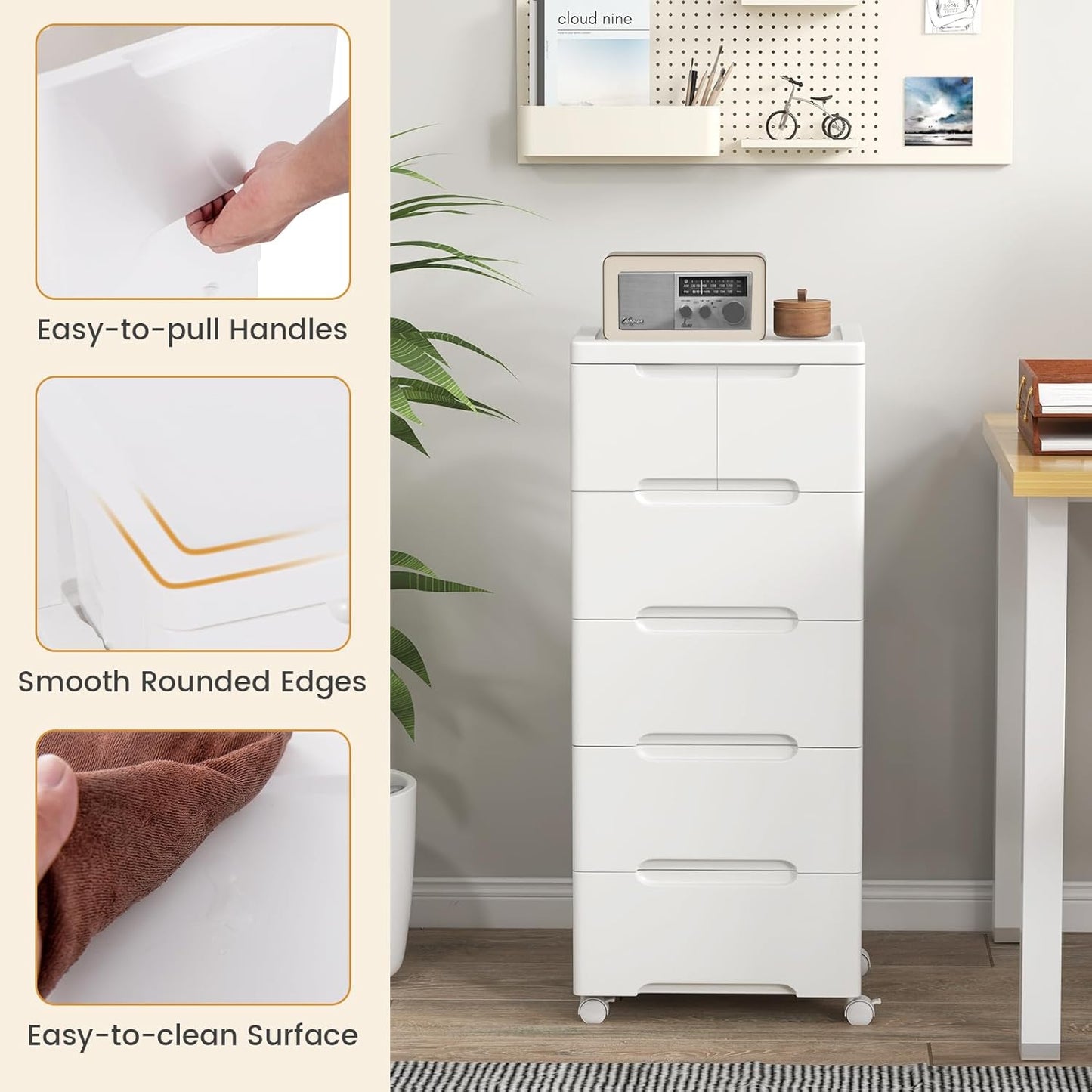 LOKO 6-Drawer Plastic Rolling Storage Cart, Mobile Storage Cabinet with 4 Universal Wheels, Vertical Storage Tower Container Unit for Living Room, Bedroom, Home Office, White (16”x13”x38” (6 Drawers))