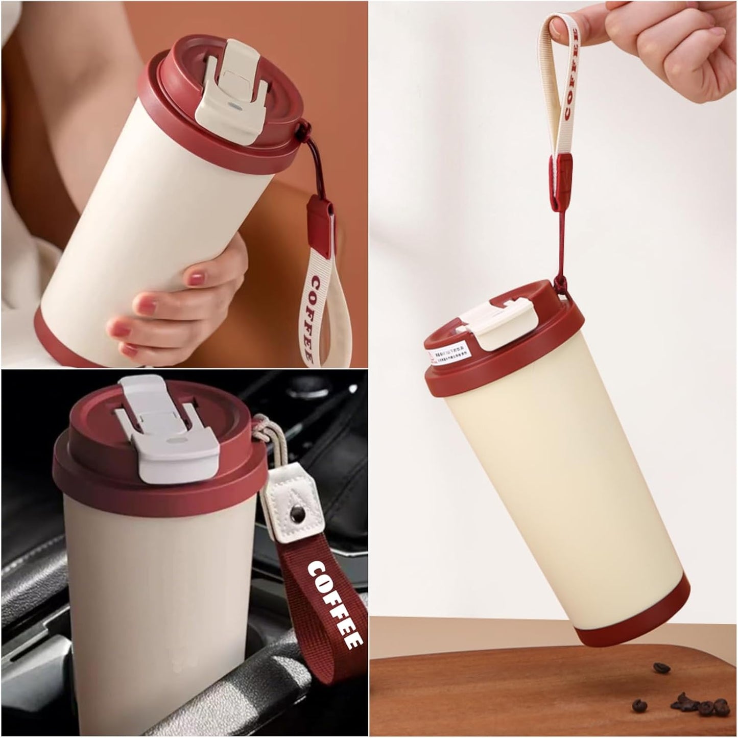 18 oz Insulated Coffee Mug with Straw and Lid, Durable Stainless Steel Coffee Cups with Strap, Reusable Iced&Hot Coffee Tumbler,Portable Coffee Travel Mug for Car, Camping(Retro Red)