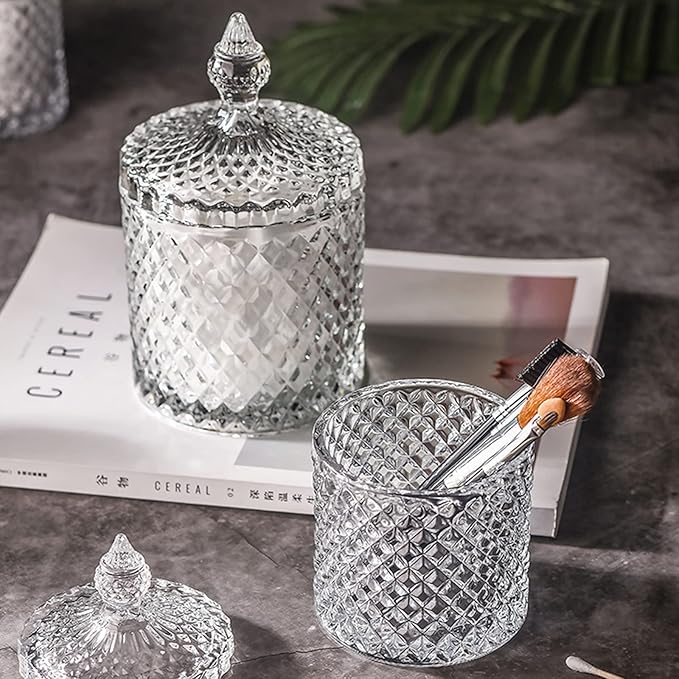rejomiik Qtip Holder Glass Apothecary Jars with Lid Bathroom Accessories Vanity Organizers and Makeup Storage for Cotton Swabs, Balls, Pads, Floss Picks, Candy, 2 Pack Small and Large Clear