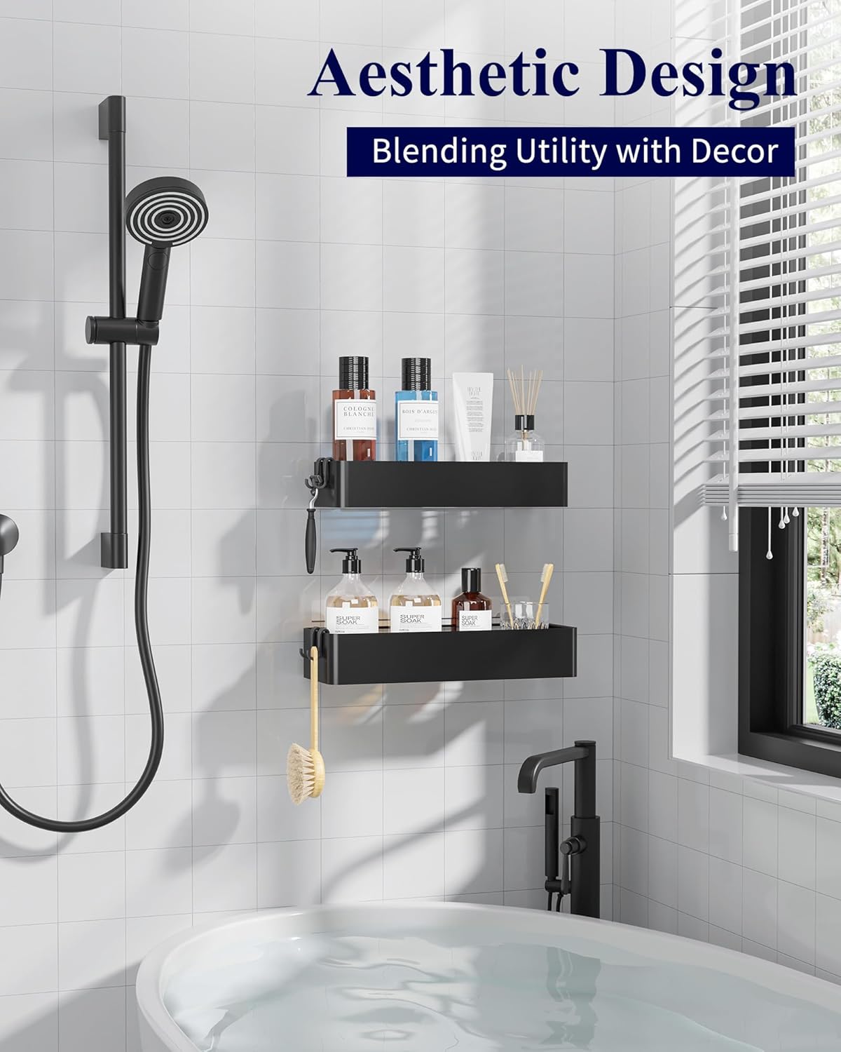 Kitsure Shower Caddy - 2 Pack Adhesive Shower Organizer, Rustproof Metal Shelves, No-Drill Bathroom Organizers and Storage, Black, Large