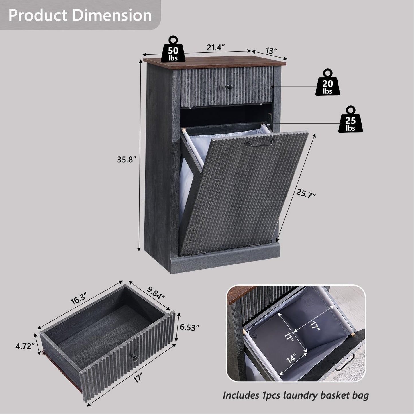 Modern Tilt-Out Laundry Hamper Cabinet, 10 Gallon Fluted Trash Can Cabinet with Drawer, Wooden Hidden Garbage Can Cabinets with Laundry Basket, Free Standing for Bathroom and Kitchen, Grey