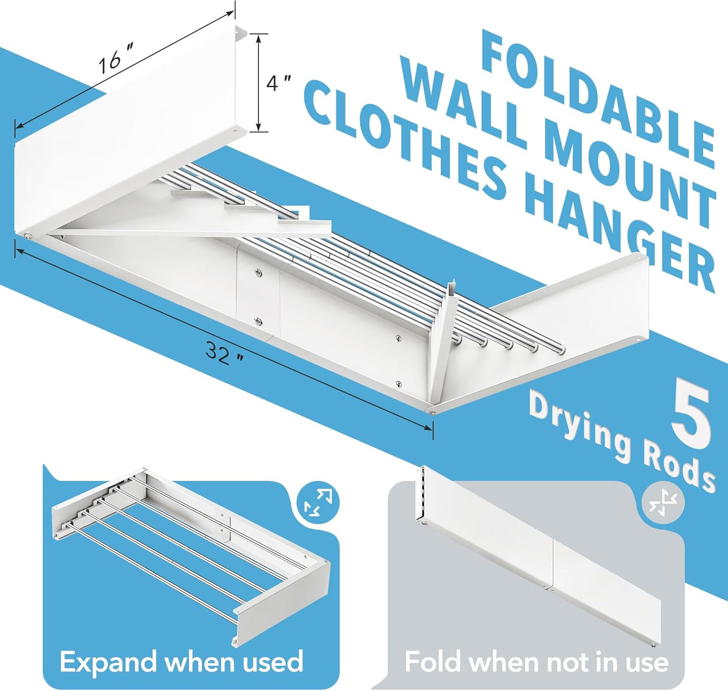 Clothes Drying Rack Wall Mounted 32“,Drying Rack Clothing Wall Mount,Laundry Drying Rack,Wall Mounted Clothes Hanging Rack (White)