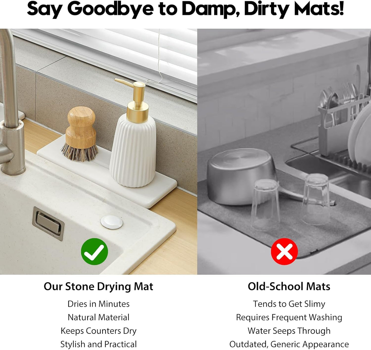 2 Pack Diatomite Stone Sink Tray, Water Absorbing Mat for Kitchen & Bathroom Counter, Quick Dry Soap Dish Makeup Vanity Caddy,Sponge Holder Organizer, White - 2pcs of 9"x 3.5"