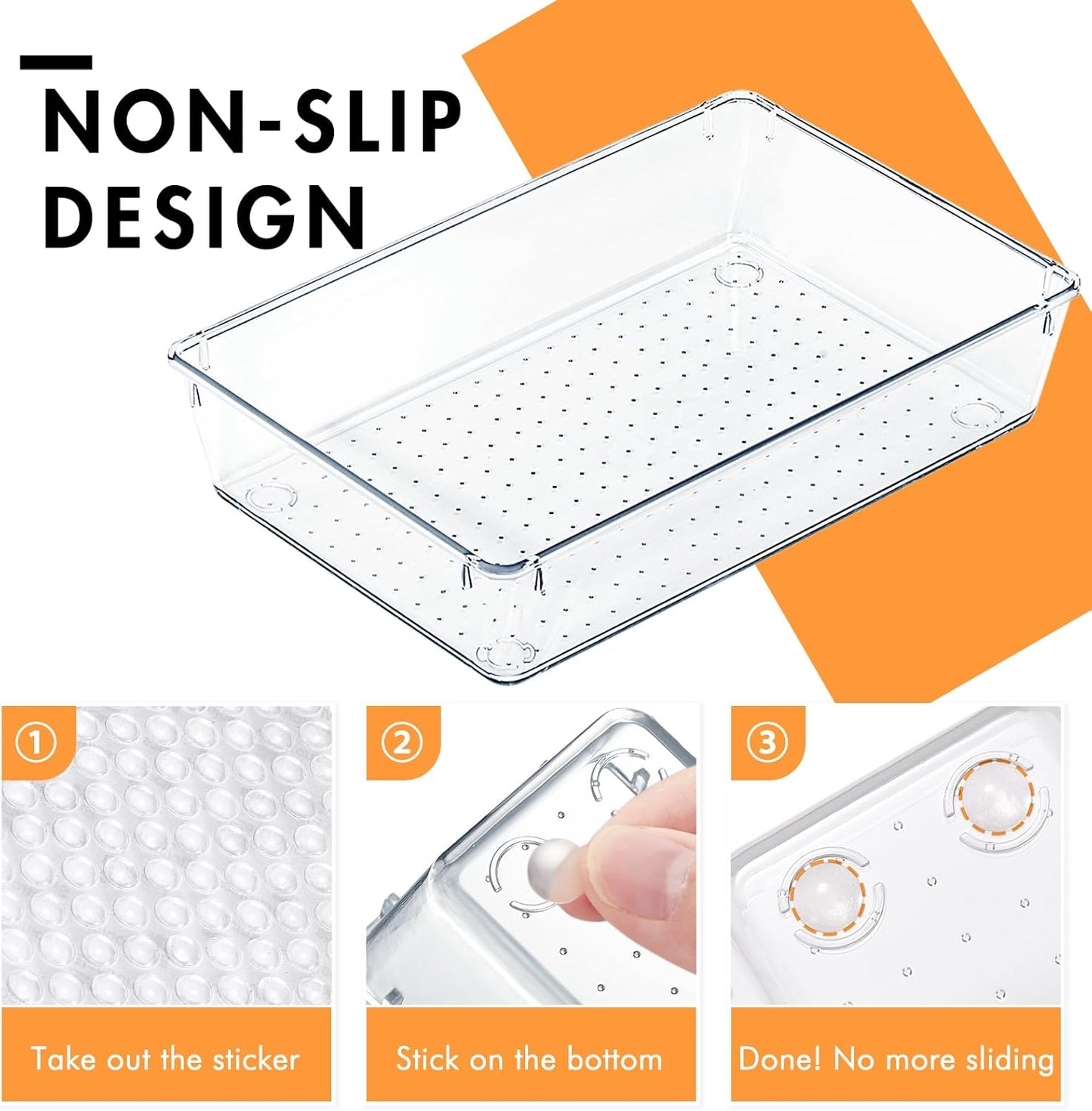 HOUSE DAY Desk Drawer Organizer Bins 6 PCS, 9*6*2" Clear Drawer Organizers with Silicone Pads, Vanity Organizers and Storage, Non Slip Plastic Drawer Organizer for Makeup, Bathroom, Kitchen, Office