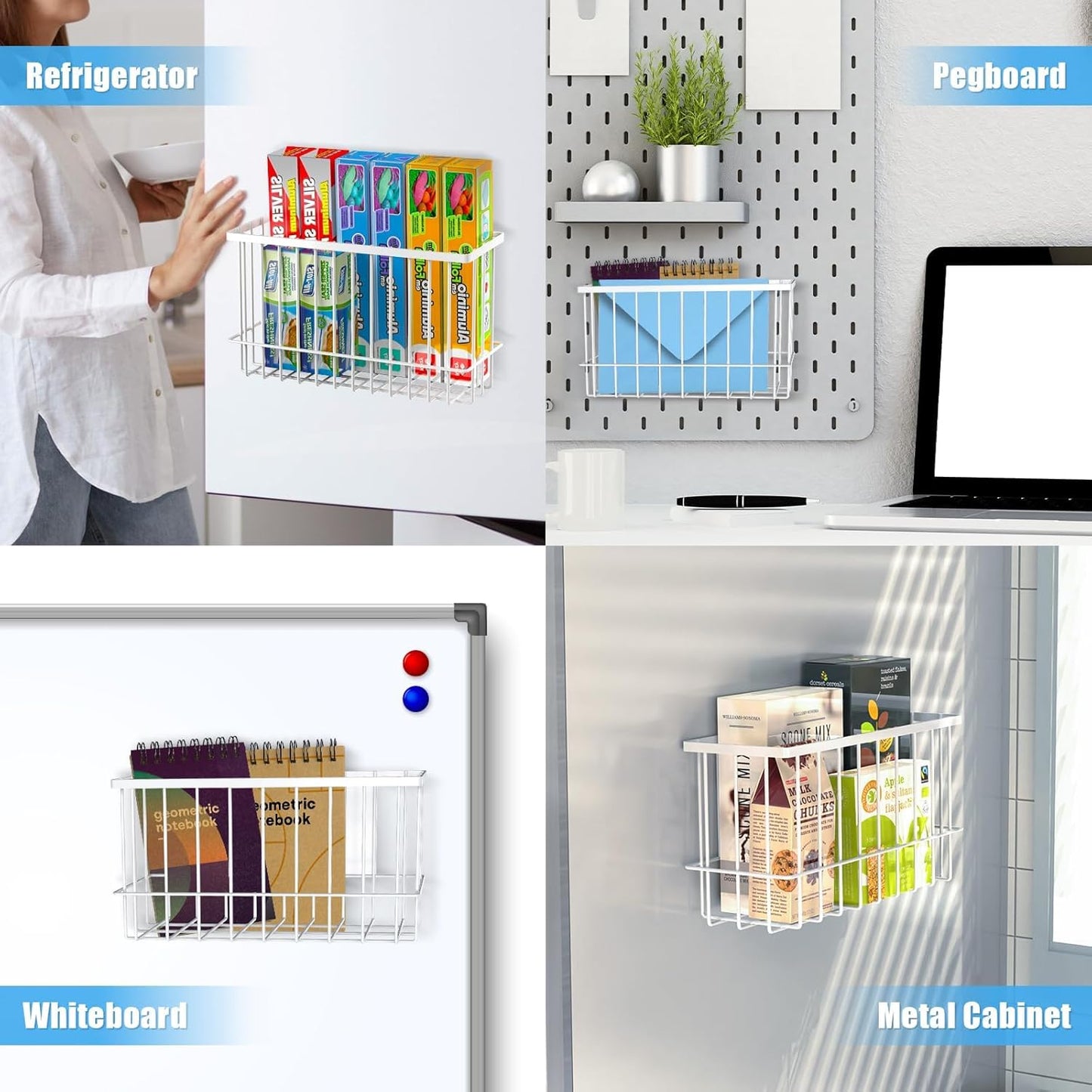 NiHome Magnetic Metal Basket Organizers, Dryer Ball Holder, 2PCS Medium & Small, Versatile Storage for Kitchen & Office Holds Up to 14 lbs, Easy Attach to Refrigerator or Any Magnetic Surface (White)