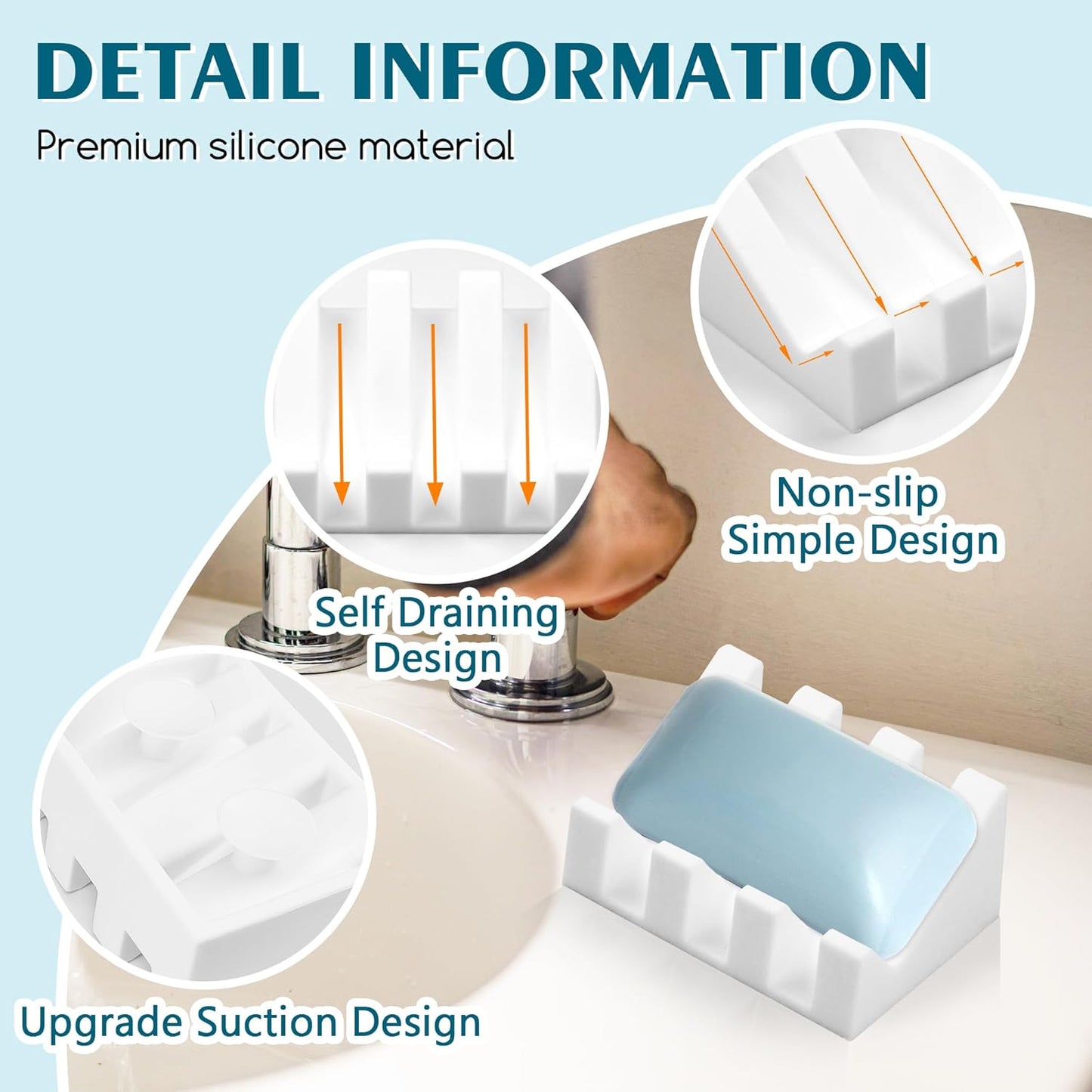 Silicone Soap Dish with Drain, Upgrade Double Suction Cups at The Bottom for Anti-Slip and Stability, Soap Dish Shower Waterfall Bar Soap Holder Tray with Drain Soap Holder (2, White)