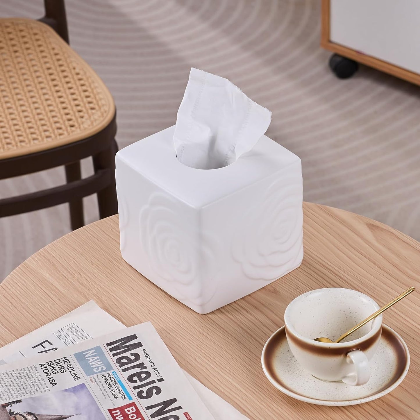 White Ceramic Rose Tissue Box Cover, Carved Flowers Large Square Tissue Box Holder Decorative for Bathroom, Vanity, Kitchen Countertop, Bedroom Night Stands, Office Desk Top