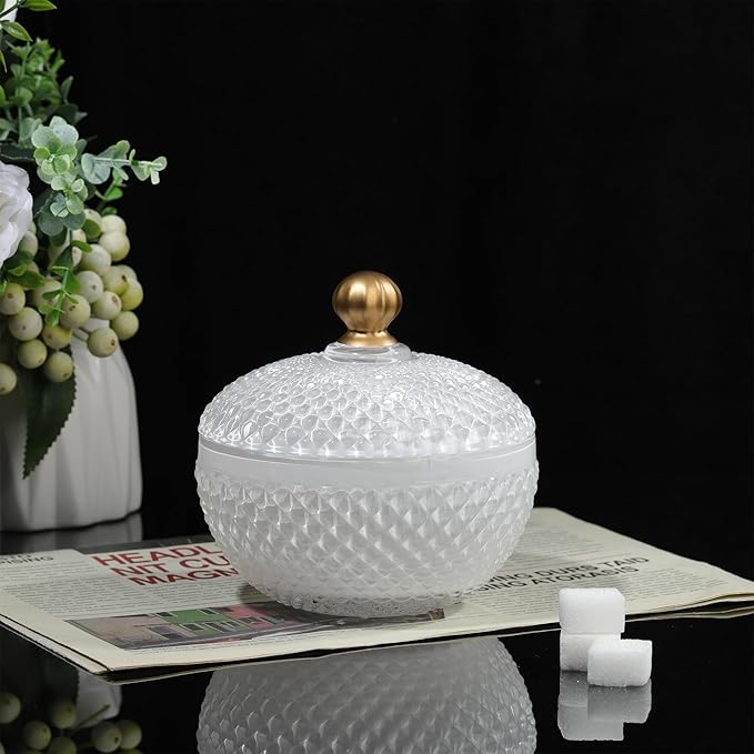 Joeyan 12 oz Small White Glass Jars with Lid,Embossed Glass Candy Dishes,Diamond Faceted Food Container,Decorative Jewelry Box Apothecary Canisters,Colored Kitchen Bathroom Buffet Storage Organizer