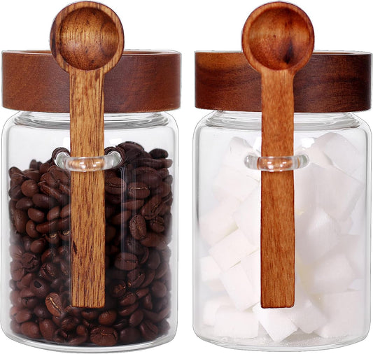 SAIOOL Sugar Jar with Lid and Spoon Set of 2, 16 OZ Tea Canisters for Loose Tea Jars with Screw Mouth, Coffee Container for Ground, Retro Style Truly Airtight