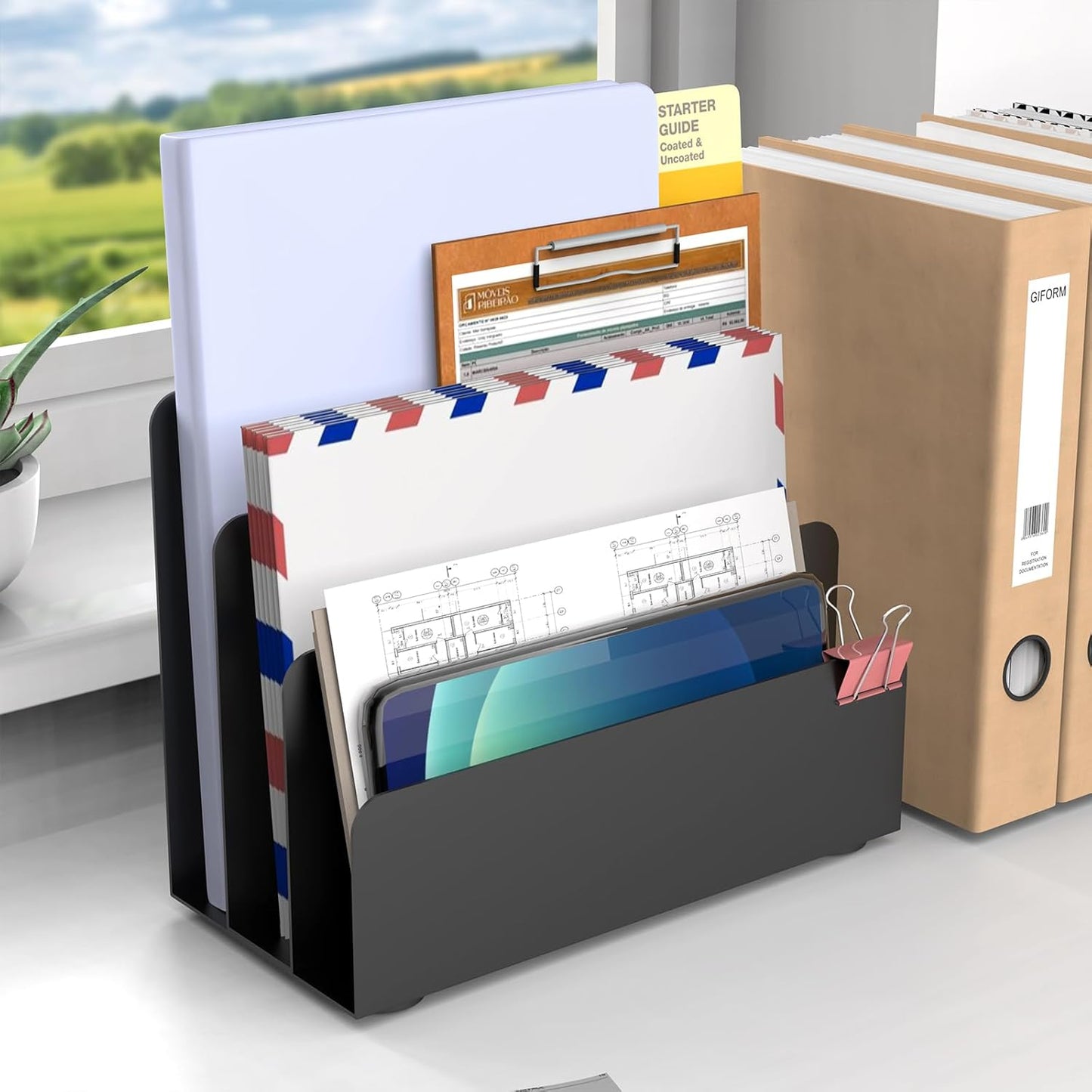 Mail Organizer Countertop, Small Desk File Organizer, Metal File Holder - Essential Workspace Organizers for Office Desk, Home Office (Black)