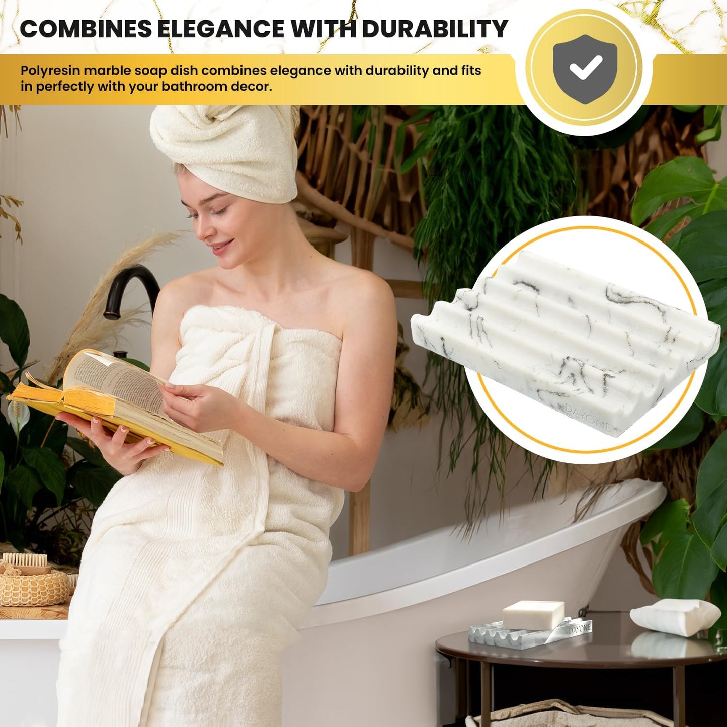 DAY1 Marble Soap Dish Tray – Bathroom Sink Soap Holder, Vanity Tray, Brush Organizer, Decorative Resin Dish for Kitchen, Countertop, Bathtub, Bar Soap, Sponges, Paint Brushes (White)