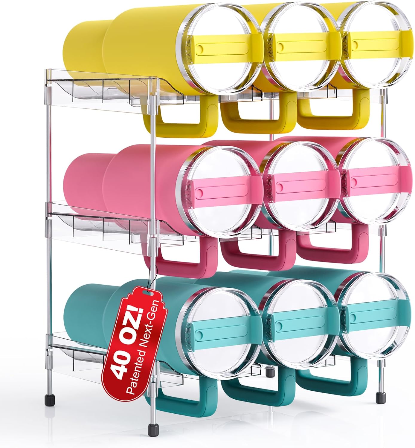 Reusable Stackable with Handle Compartment Water Bottle Tumbler Organizer for Stanley 40oz with Handle Cup, Stanley Accessories for Pantry, Cabinet & Kitchen Organization and Storage,3 Tier Hold 9