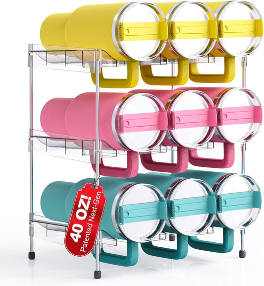 Reusable Stackable with Handle Compartment Water Bottle Tumbler Organizer for Stanley 40oz with Handle Cup, Stanley Accessories for Pantry, Cabinet & Kitchen Organization and Storage,3 Tier Hold 9