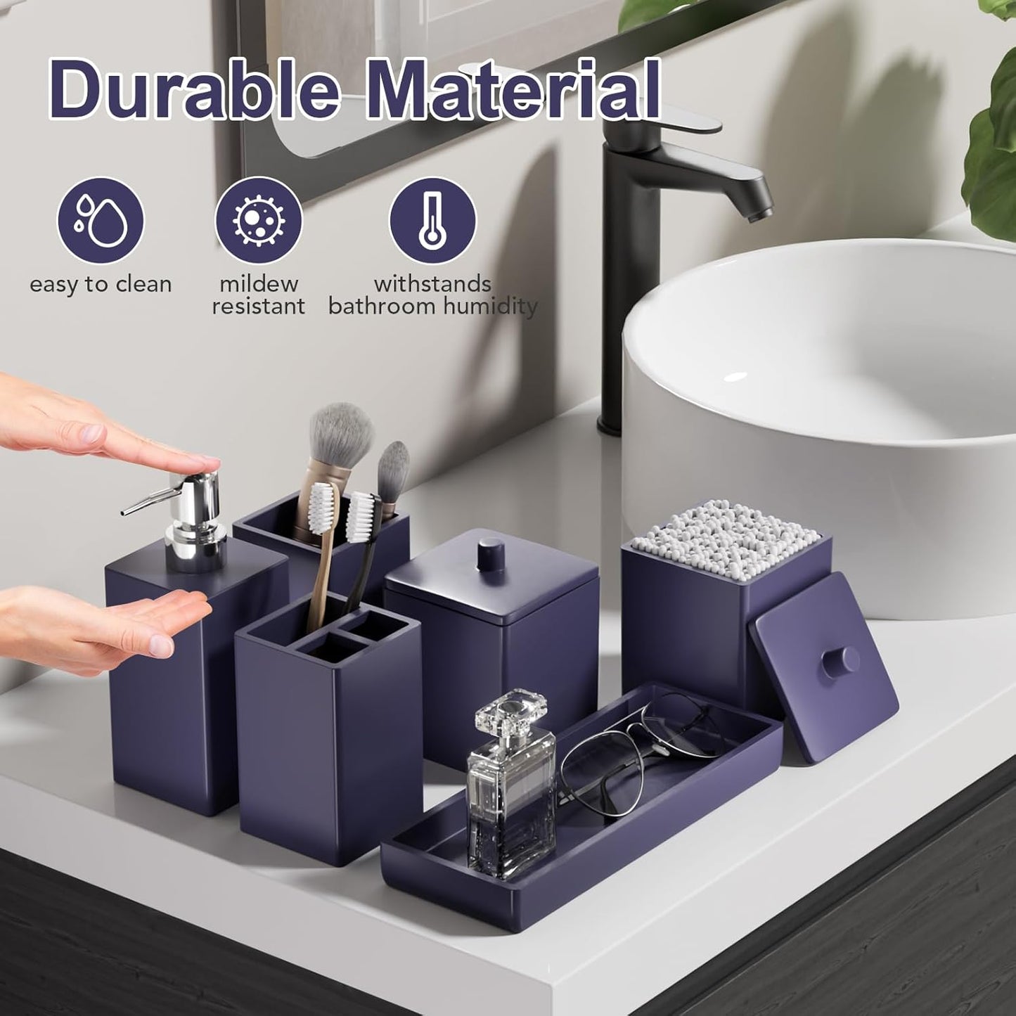 Navy Blue Bathroom Accessories Set Resin 6PCS, Square Toothbrush Holders Set Complete with Soap Dispenser, Vanity Tray, Tumbler, Cups and Cotton Swab Jars for Counter, Sink or Small Spaces