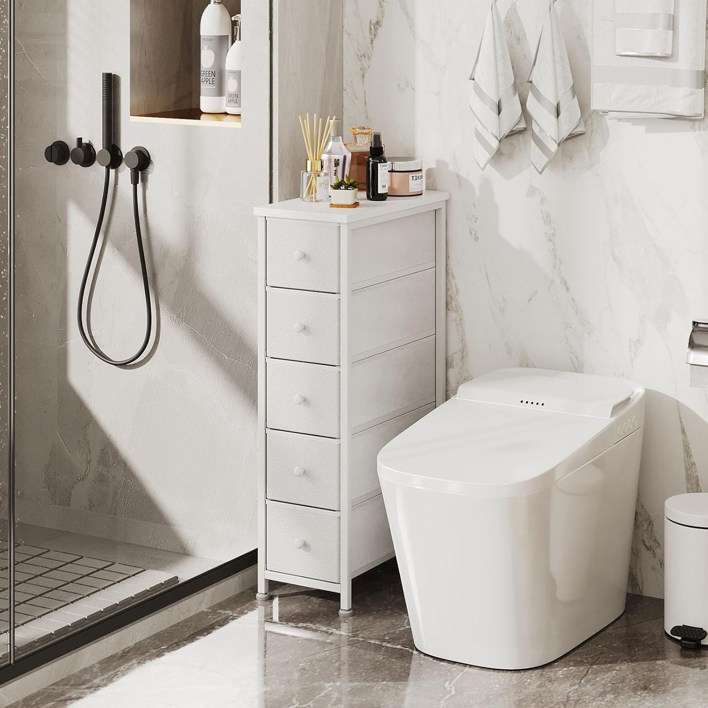 Narrow Dresser, 19" Wide Narrow Nightstand Dresser Storage Tower with 5 Drawers, Slim Fabric Dressers Chest of Drawers for Small Spaces, Wood Top & Fabric Bins for Bedroom Bathroom Closet (White)