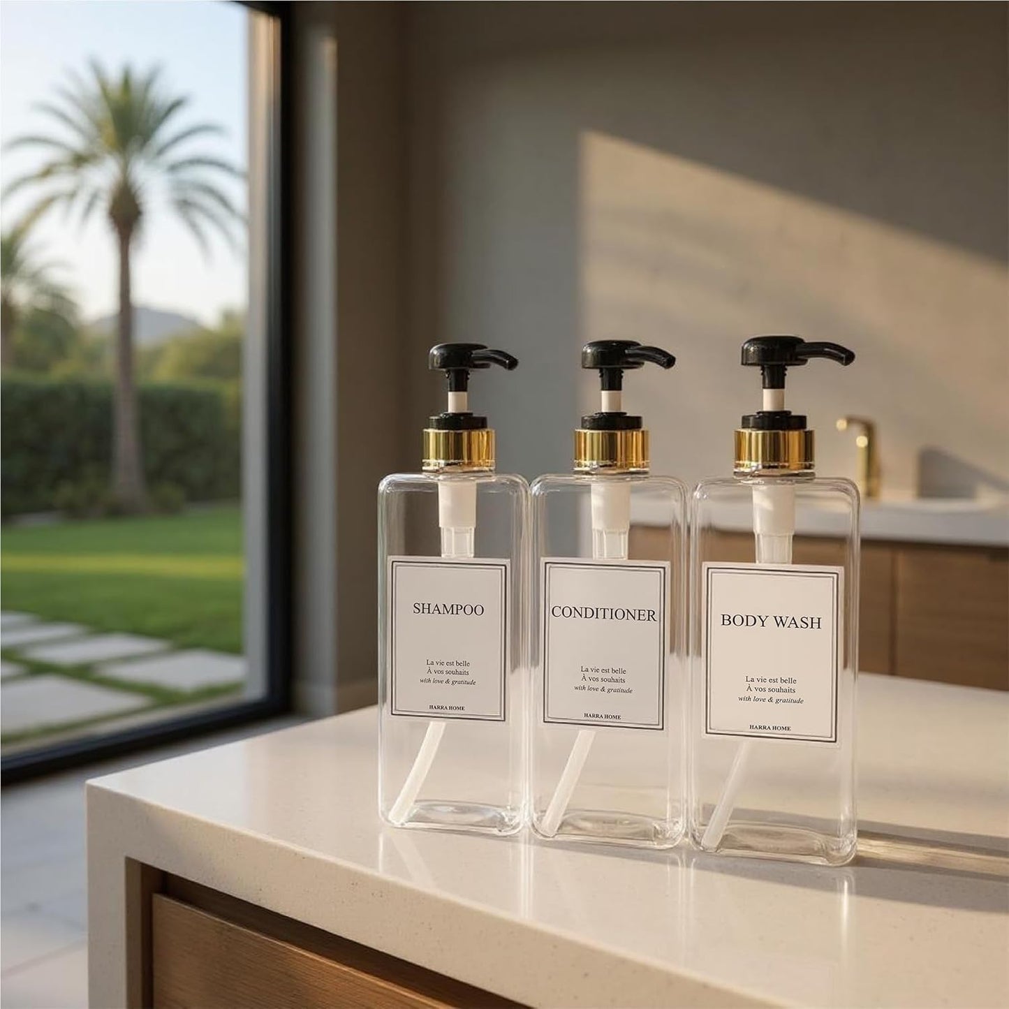 Modern Gold Design Large 27 oz Shampoo and Conditioner Dispensers - Empty Plastic Refillable Pump Bottle Set for Bathroom Shower Soap Dispenser, Gift Box Included, Set of 3 (Clear & Black)