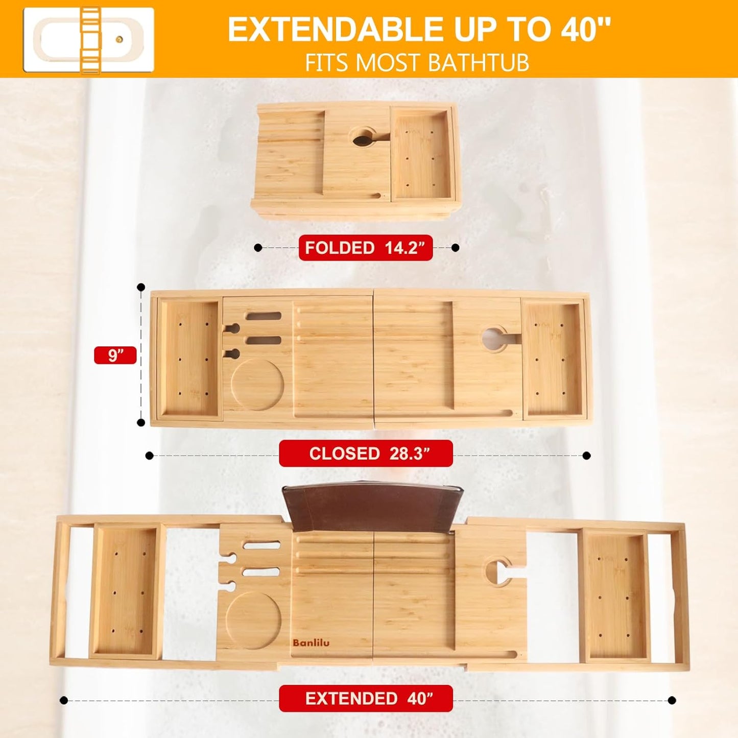 Premium Bathtub Tray Caddy - Bath Tray Expandable - Bath Tub Tray Table for Bathtub, Bamboo Wooden, Fits Most Bath Tubs