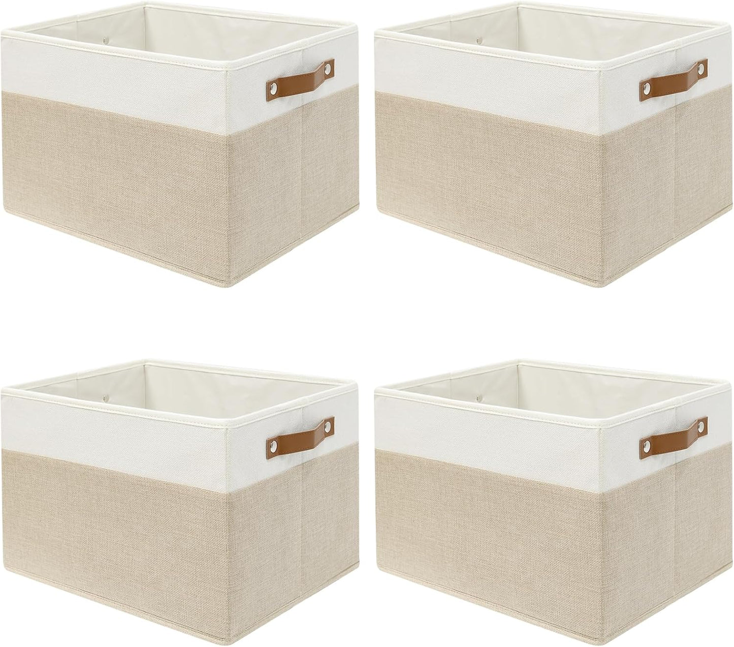 SNWDN 4 Pack Fabric Storage Baskets for Organizing Collapsible Fabric Storage Bins with Handles for Home and Office Organizing (White/Beige 15''Lx10.2''Wx9''H)