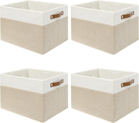 SNWDN 4 Pack Fabric Storage Baskets for Organizing Collapsible Fabric Storage Bins with Handles for Home and Office Organizing (White/Beige 15''Lx10.2''Wx9''H)