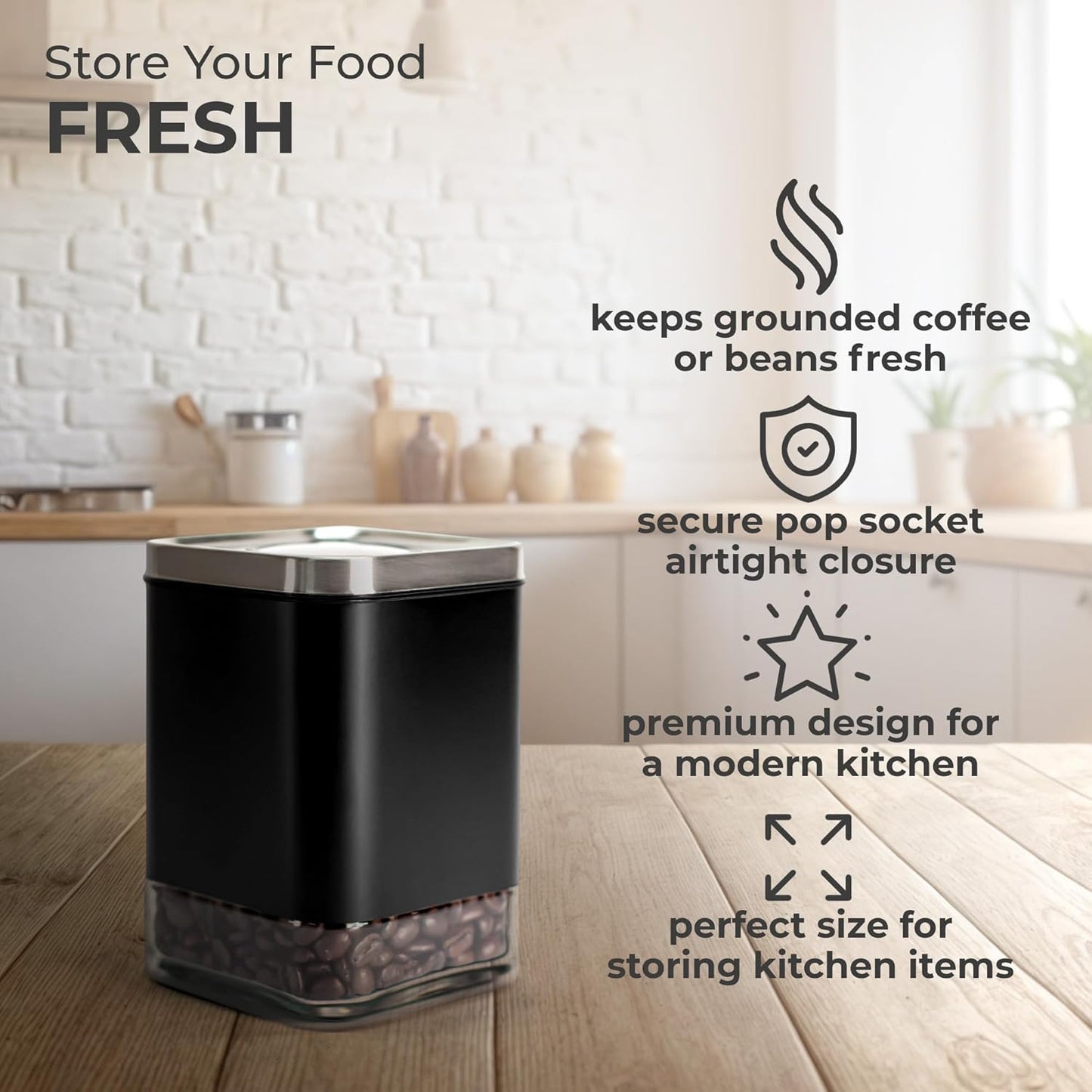 Kaffe Glass Coffee Canister (8oz) w/Airtight Lid - Click to Release Seal - BPA Free Glass & Stainless Steel - Elegant Kitchen Storage Container for Coffee, Nuts, Rice, Flour, Sugar, Tea, Cereal