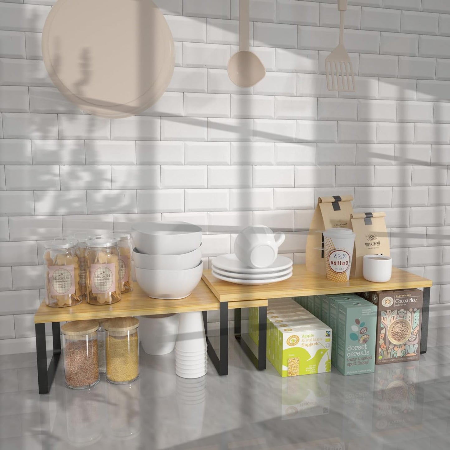 NEX Kitchen Cabinet and Counter Shelf Organizer, Stackable & Expandable, Set of 4, Black and Natural - 7.7 x 15.6 x 6.2''