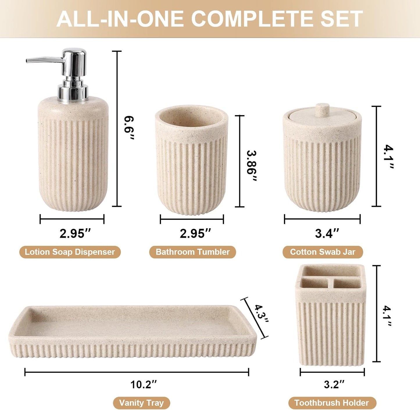 Resin Beige Bathroom Accessories Set 5 Pcs, Lotion Soap Dispenser, Toothbrush Holder, Bathroom Tumbler, Qtip Holder and Vanity Tray, Bathroom Countertop Organizer Set for Modern Home Apartment