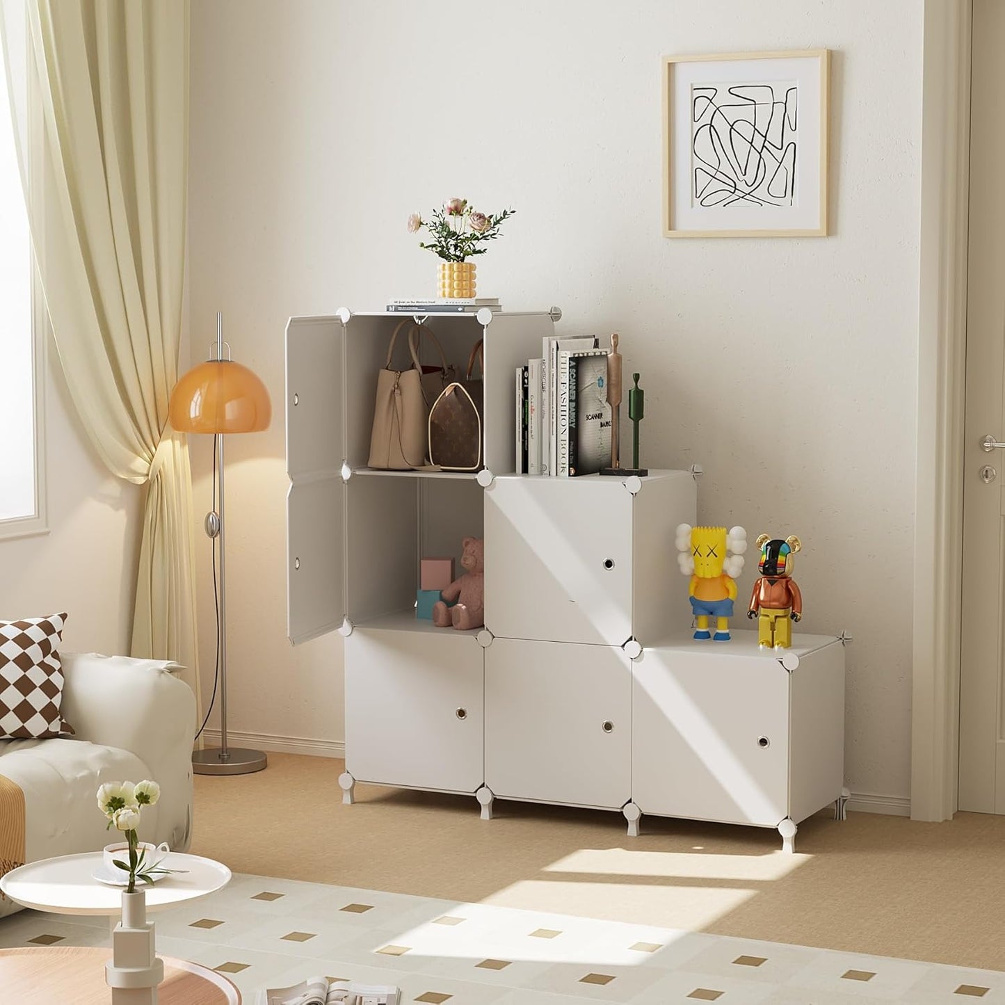 Cube Storage Organizer, 6-Cube Shelves Unit with Doors, DIY Stackable Plastic Clothes Organizer for Bedroom and Under Stairs Storage Unit, Each Compartment 30 x 30 x 30 cm White ATTSL6002