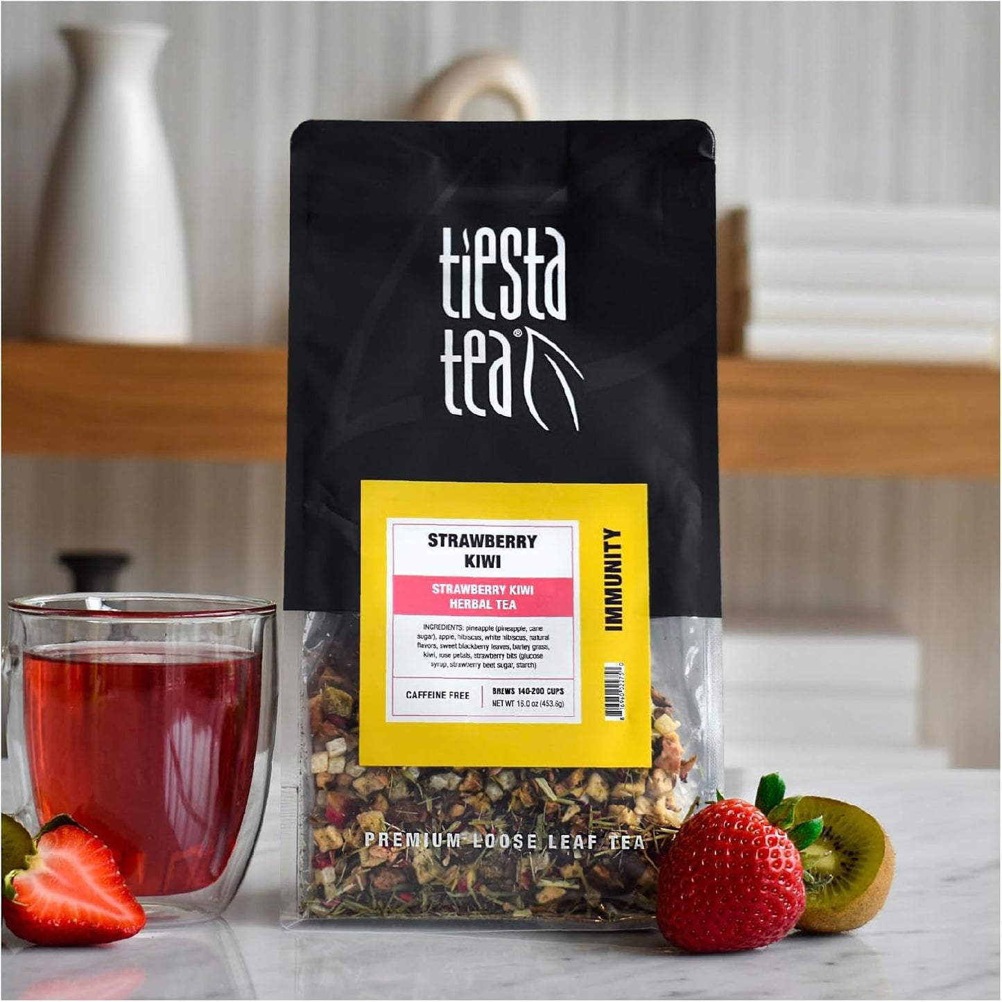 Tiesta Tea - Strawberry Kiwi Herbal Tea, Loose Leaf, Strawberry Hibiscus Kiwi Fruit Tea, Premium Caffeine-Free Herbal Blend, Make Hot or Iced & Up to 200 Cups, 16 oz Resealable Bulk Pouch