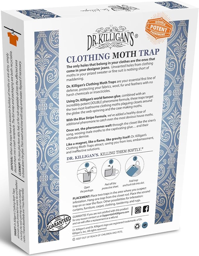 Dr. Killigan's Premium Double Potent Clothing Moth Traps with Pheromones Prime | Organic Clothes Moths Trap with Lure for Closets & Carpet | Case Making Moth Treatment & Prevention (6 Pack, White)