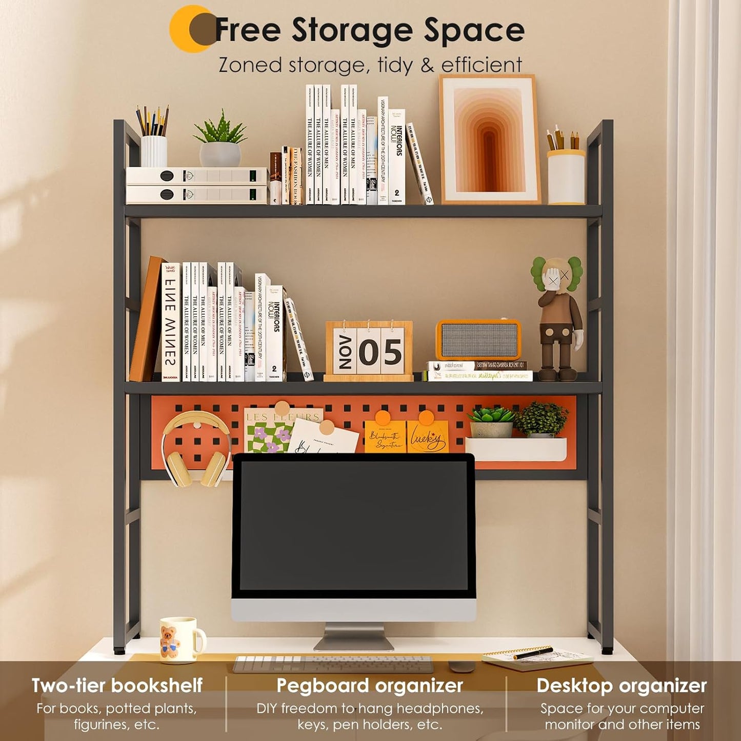 Desk Shelf, 35.43" Desk Hutch Bookshelf, Desktop Shelf with Pegboard for Computer Monitor, Metal Desktop Hutch Storage Organizer for Dorm Home Office, 2 Tier Bookcase, Black