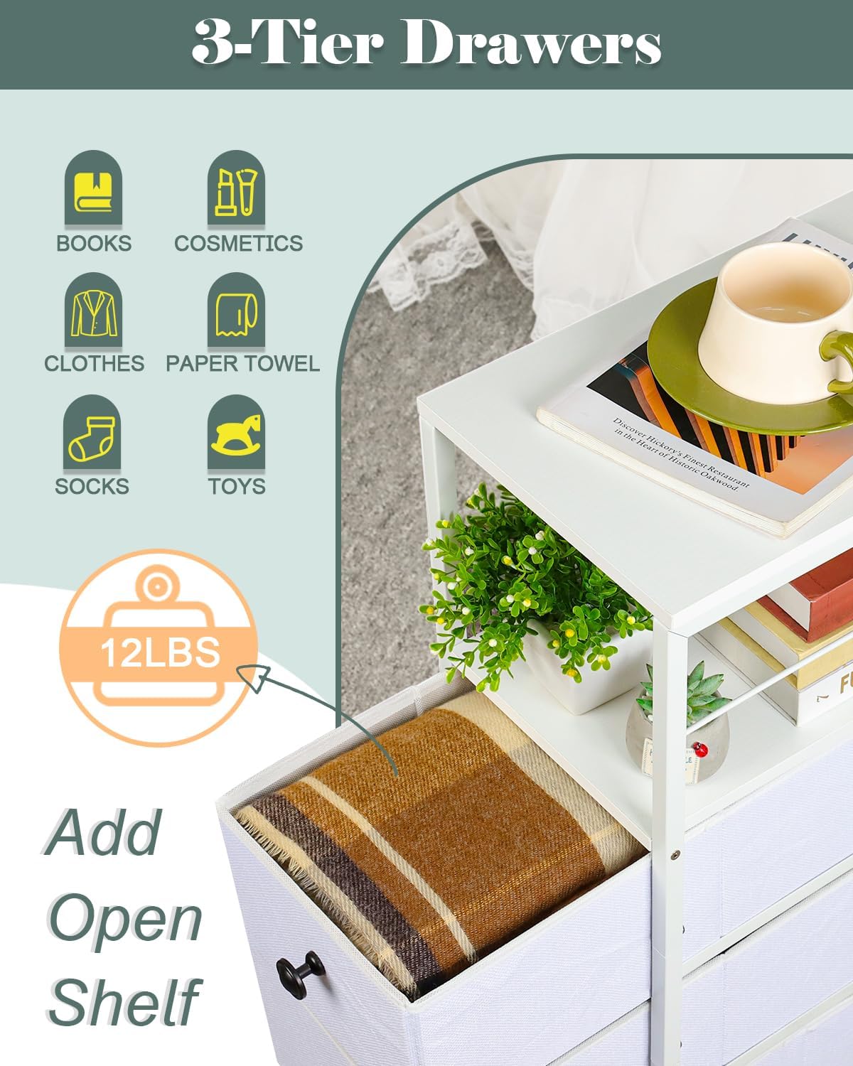 MOOACE Narrow Dresser for Bathroom, Slim Dresser Storage Cabinet, Chest of 3 Fabric Drawers with Wood Shelf, Bedroom Organizer Tower for Small Space, Closet, Laundry, White