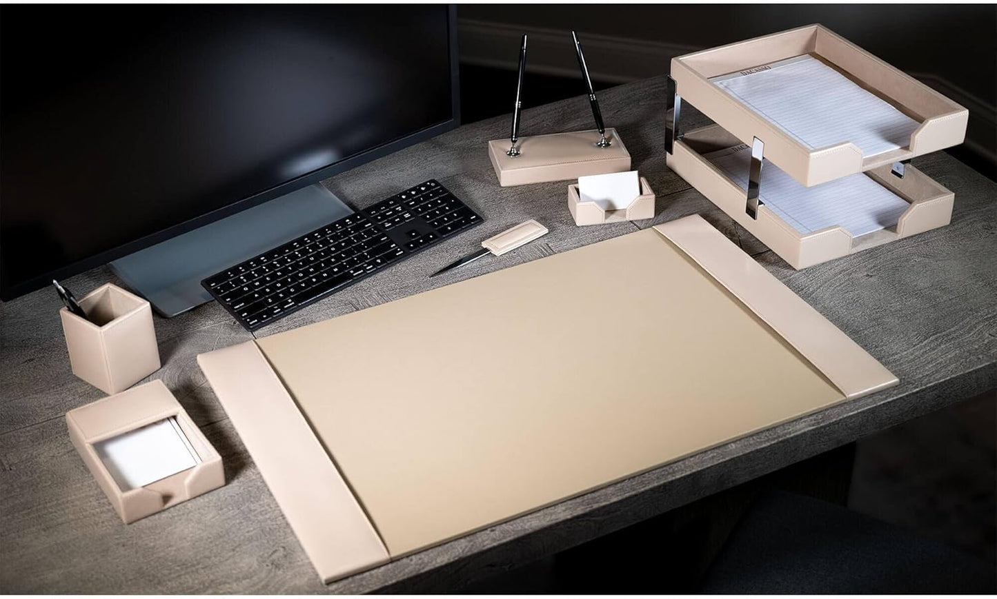 Dacasso Bonded Set Luxury Leather Desk Pad & Desk Organization Essentials, 9 Piece, White Latte