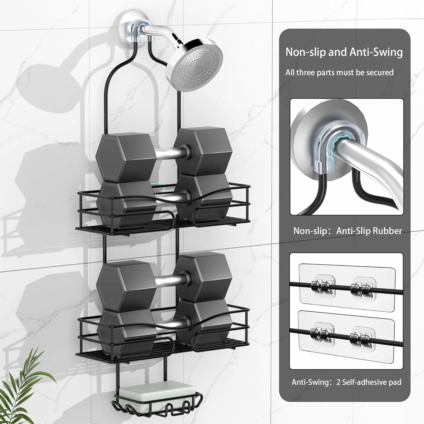 Bathroom Shower Caddy Hanging - 3-Tier Organizer with Soap Holder & 6 Hooks for Towels, Sponge; Fits 21mm Shower Head Arm, Black