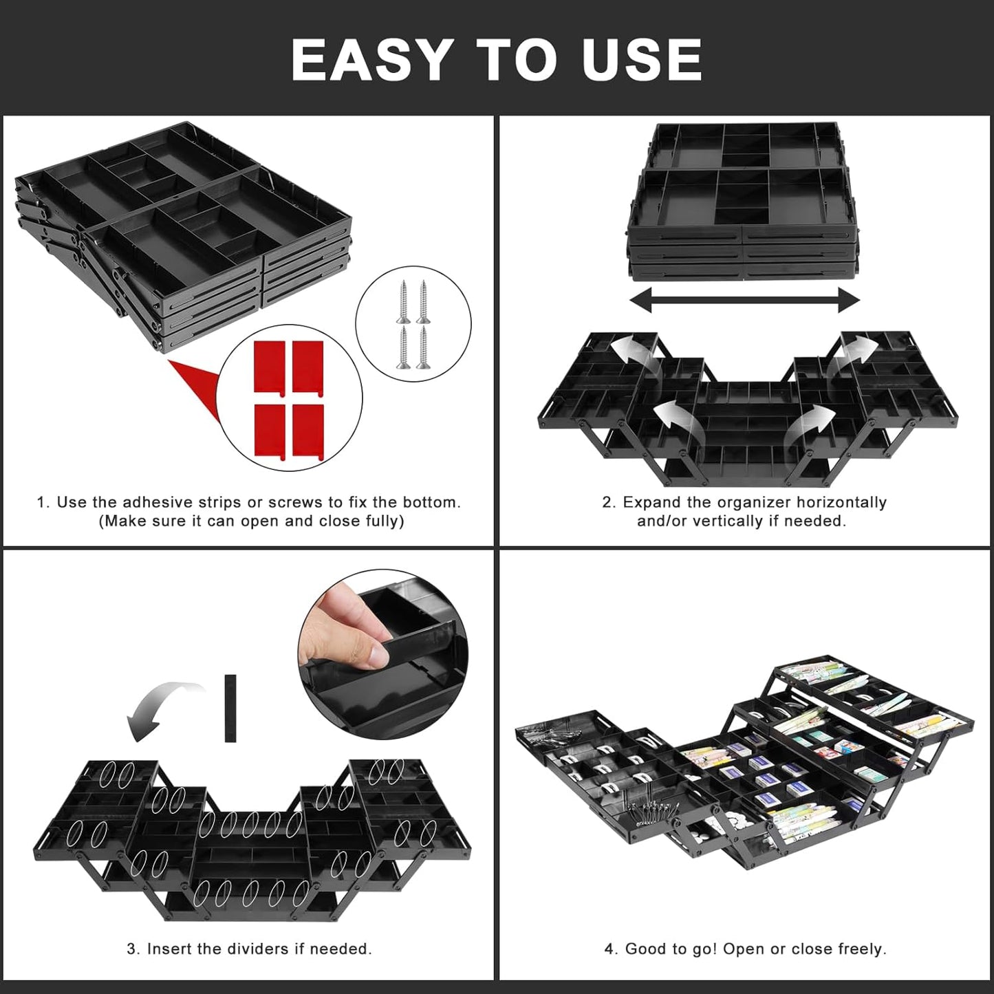 Aobiono Multi Level Smart Drawer Organizer, Multi Tier Expandable Storage Collapsible Foldable Trays for Jewelry, Cosmetics, Makeup, Tools, Battery (Black, Double Row - 3 Levels)