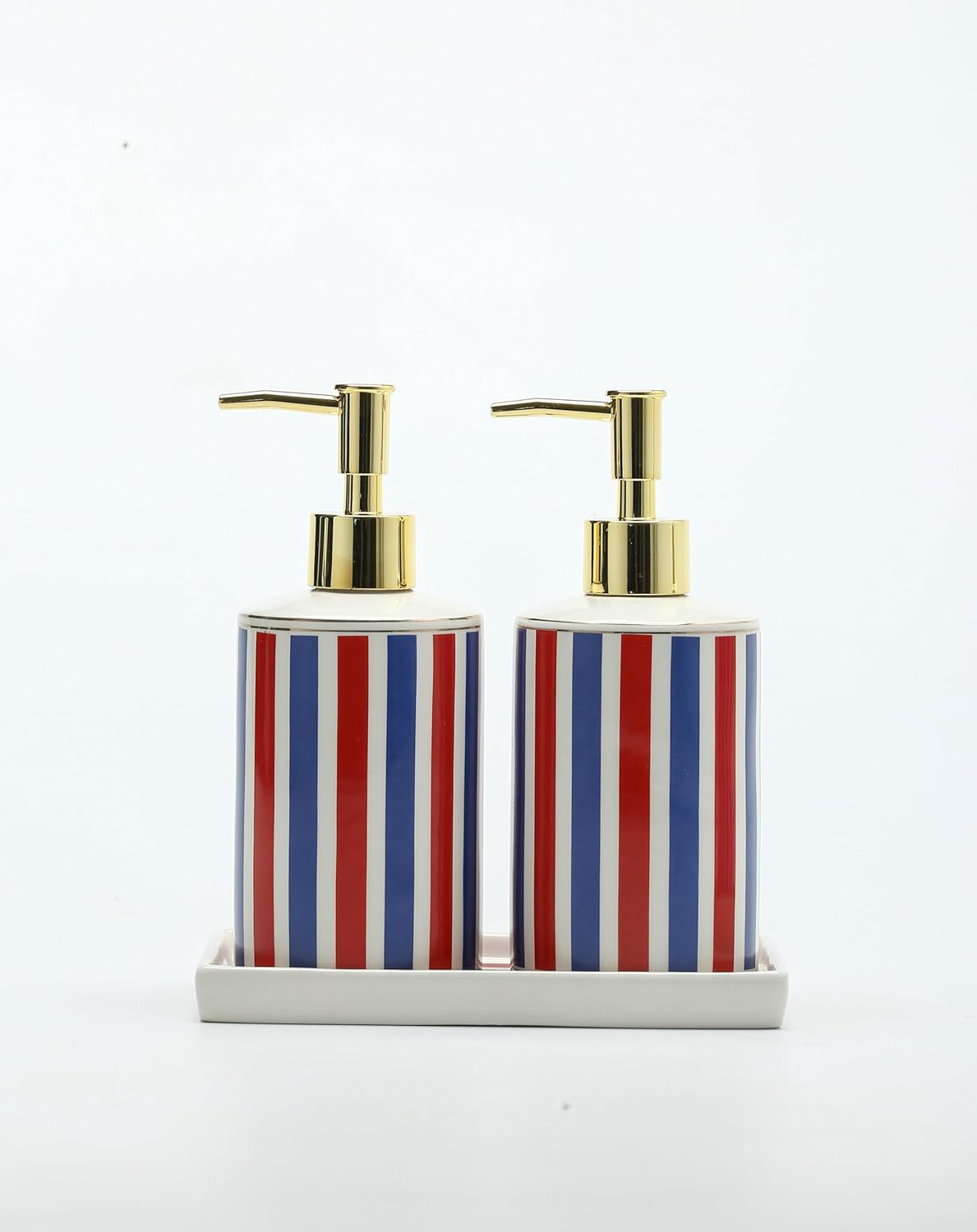 Patriotic Red, White & Blue Ceramic Soap Dispenser Set with Gold Pump – 3-Piece Bathroom & Kitchen Accessories with Tray, Refillable Lotion & Dish Soap Pump Bottles for Fourth of July & Nautical Décor