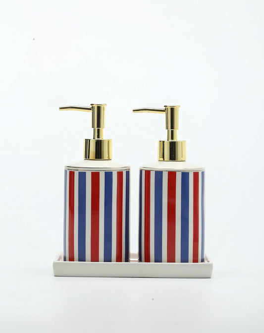 Patriotic Red, White & Blue Ceramic Soap Dispenser Set with Gold Pump – 3-Piece Bathroom & Kitchen Accessories with Tray, Refillable Lotion & Dish Soap Pump Bottles for Fourth of July & Nautical Décor