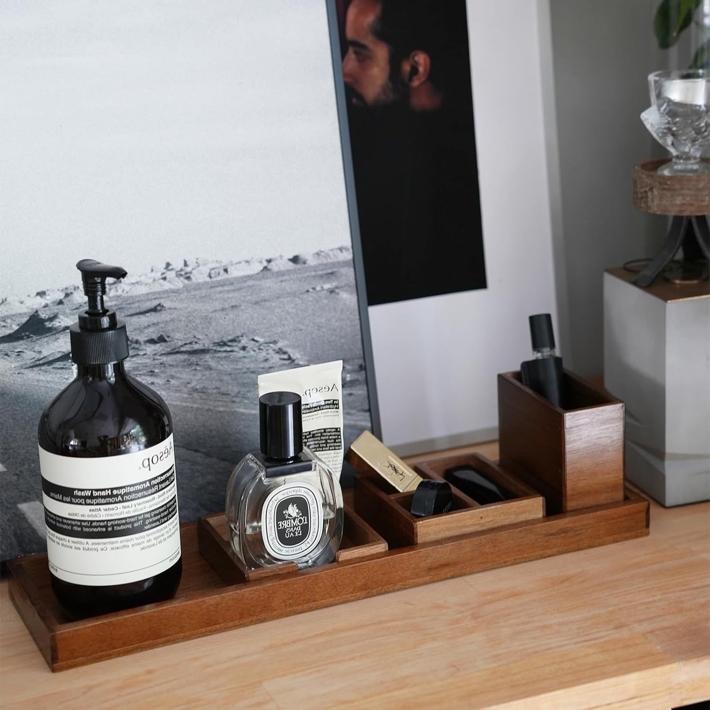 Wood Vanity Tray, 6-Piece Small Bathroom Counter Organizer Wooden Decorative Trays Rectangular Perfume Jewelry Makeup Cosmetic Holder Set - Holds Small Items