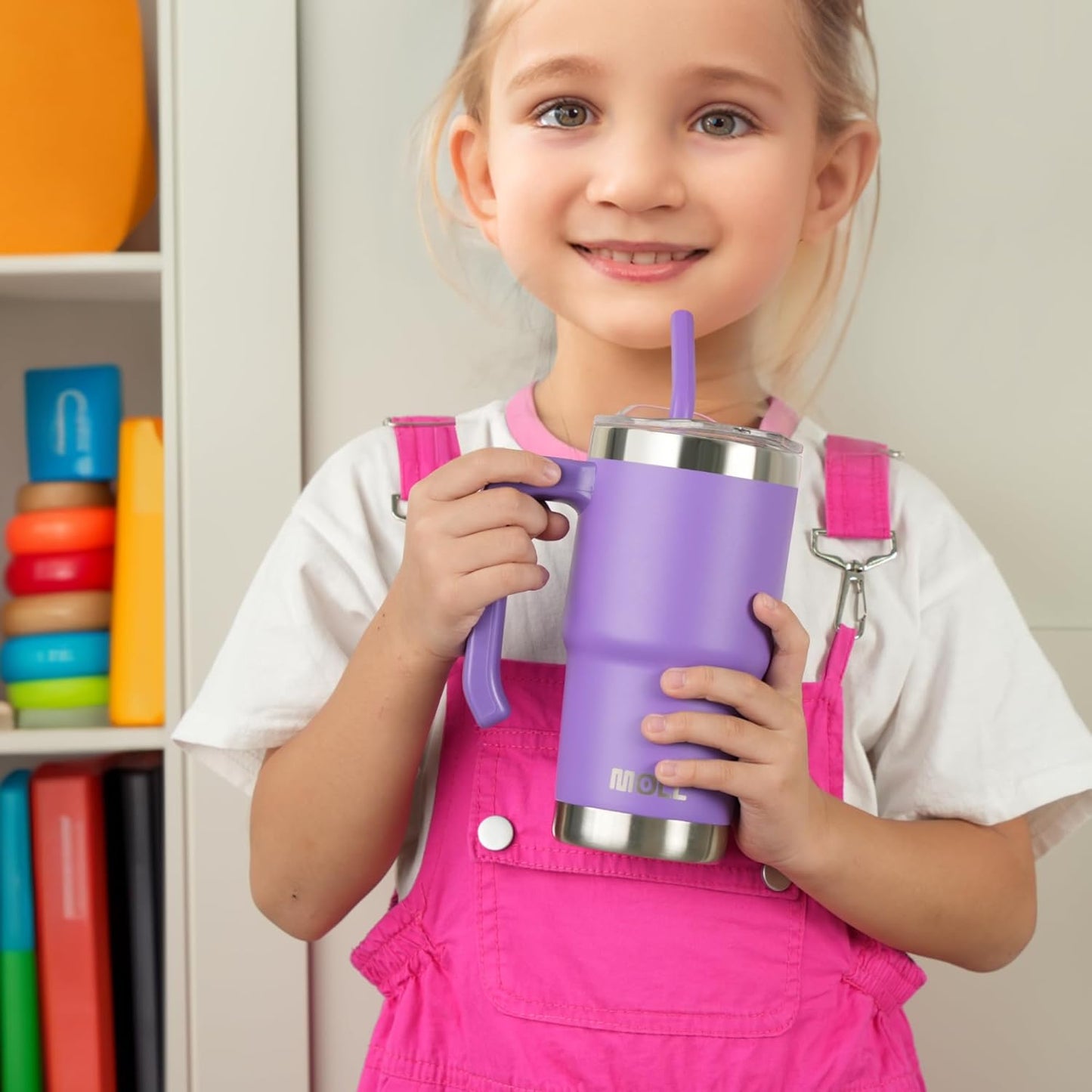 Travel Coffee Mug with Handle 16 oz Stainless Steel Double Wall Vacuum Insulated Tumbler Cup with Lid and Straw (Baby Blue)