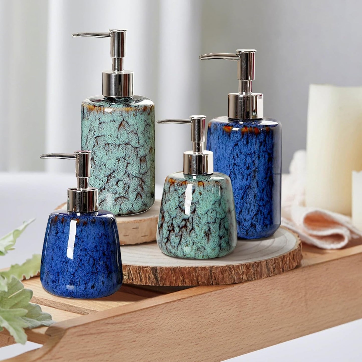 Jessie Ceramic Hand Soap Dispenser Bathroom,Kiln Variable Glaze Lotion Dispenser with Pump 11 oz Modern Vintage Dish Soap Dispenser Refillable Liquid Soap Bottles for Bathroom Kitchen (Blue)
