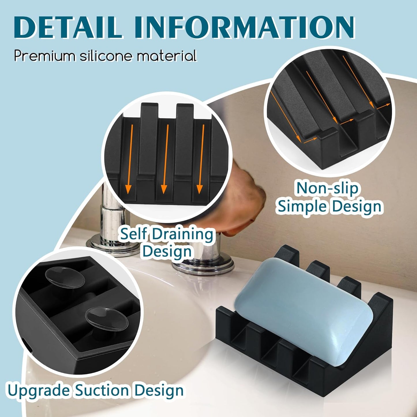 Silicone Soap Dish with Drain, Upgrade Double Suction Cups at The Bottom for Anti-Slip and Stability, Soap Dish Shower Waterfall Bar Soap Holder Tray with Drain Soap Holder (2, Black)