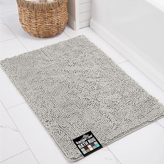 KANGAROO Bathroom Rugs, Chenille Soft Absorbent Bath Rug, Shaggy Shower Mat, Quick Dry Machine Wash Bathmat, Plush Carpet Mats for Tub, Bathtub and Room Home Decor Accessories, 36x24, Light Gray