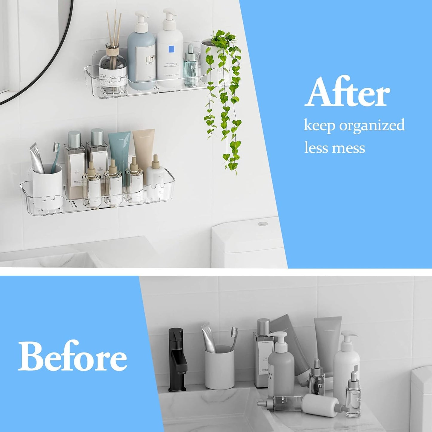 TZAMLI Acrylic Shower Caddy, Wall Mounted Adhesive Shelves with Lip, No Drilling Shower Organizer Clear Shelf for Bathroom Toilet Kitchen Storage, Long