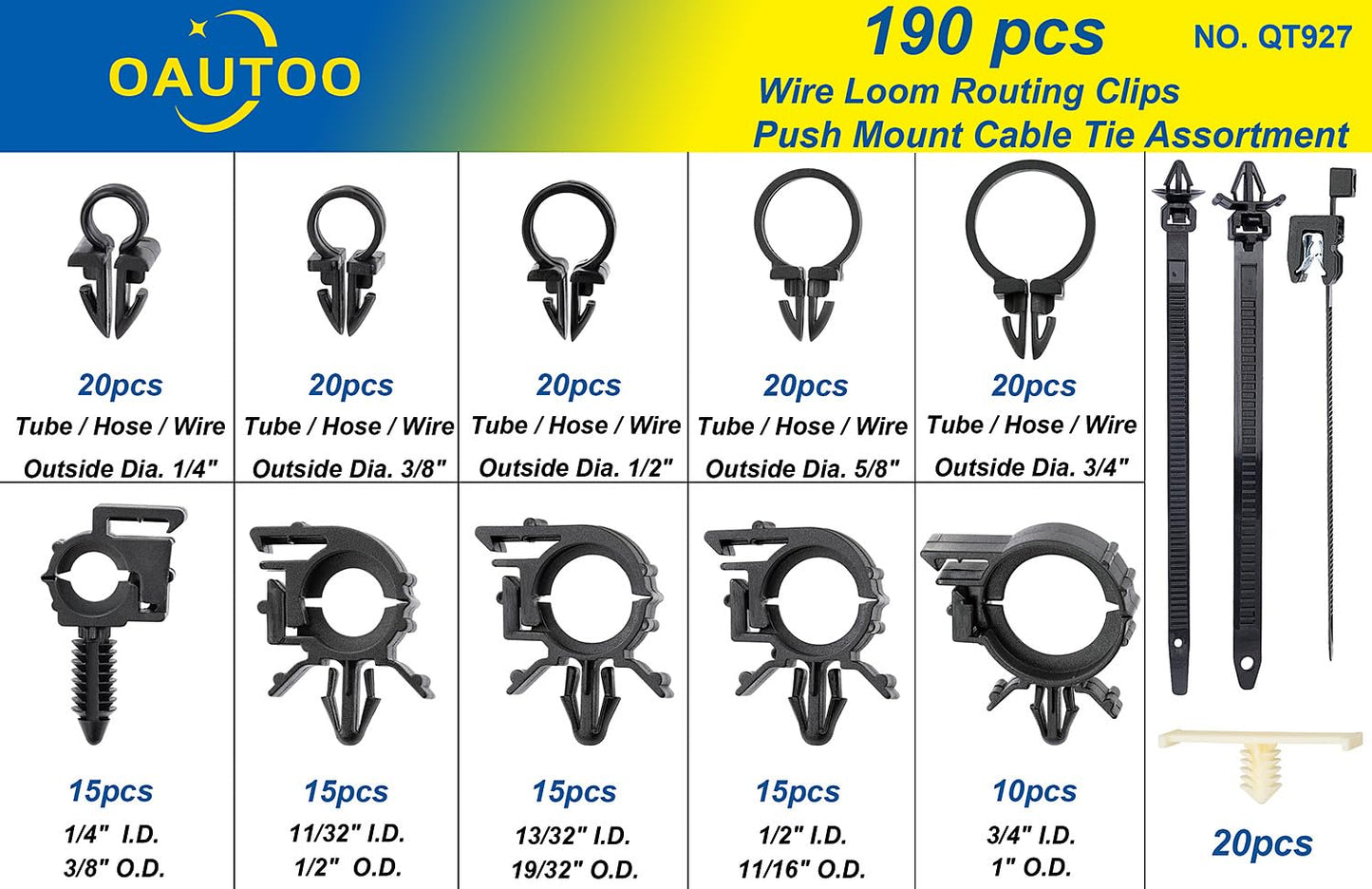 OAUTOO 190pcs Wire Loom Routing Clips Push Mount Cable Tie Assortment