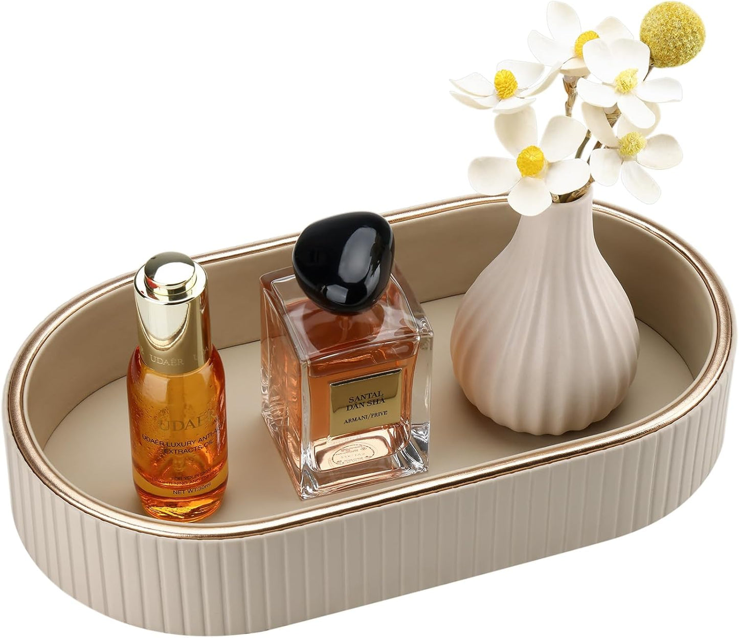 GORESE PU Leather Perfume Tray Nightstand Organizer, Small Oval Desk Tray Jewelry Trinket Trays Valet Organizer Key Bowl for Entryway Dresser Bathroom, Catchall Trays for Men Women, 11×5.9 in, Beige