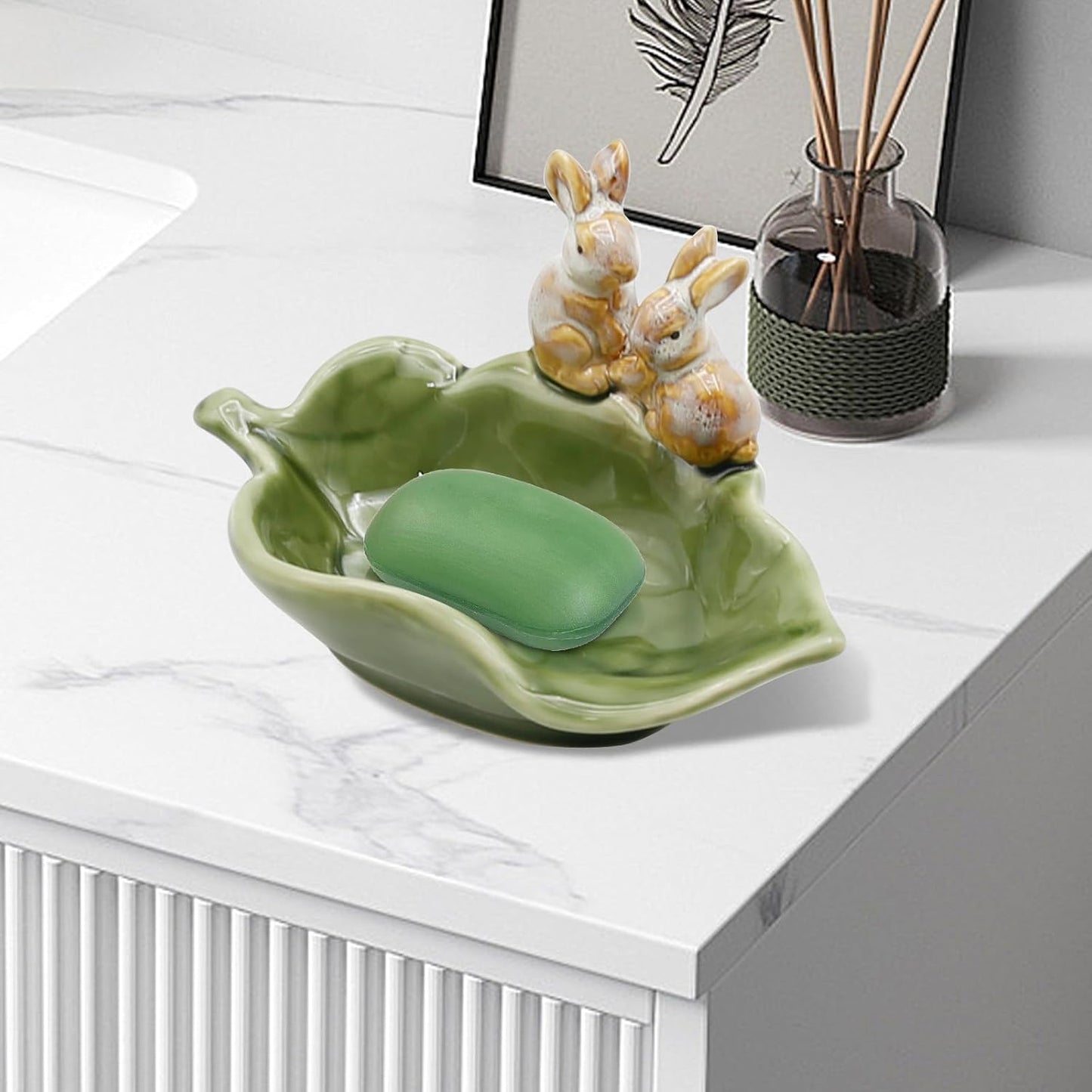 Rabbit Ceramic Soap Dish, Decorative Bunny Soap Plate, Sponge Holder,Key Bowl & Jewelry Tray, Green - Bathroom, Kitchen, Counter Organizer (1 Pack)