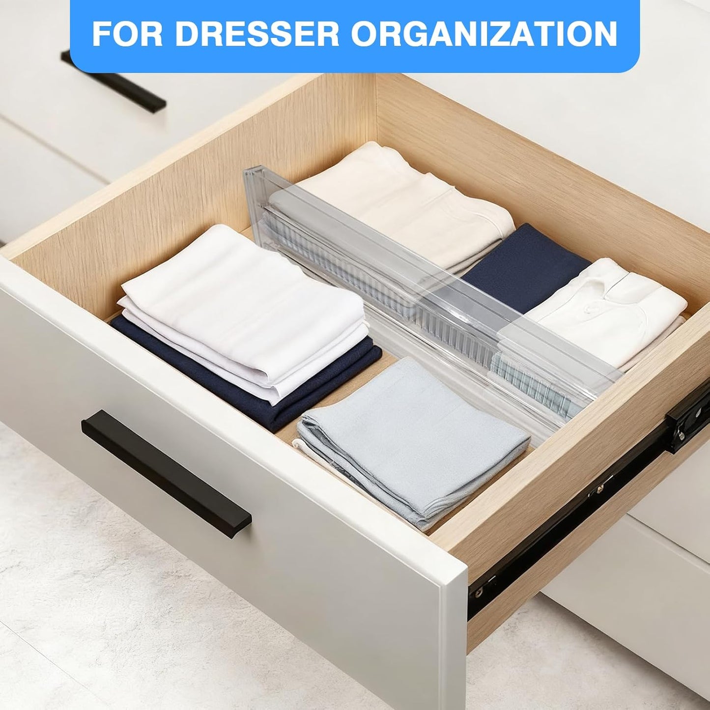 4Pack Drawer Dividers for Clothes, 4" High Adjustable Expandable Dresser Drawer Organizer, Clear Plastic Separators for Dresser, Underwear, Cosmetic, Toiletries