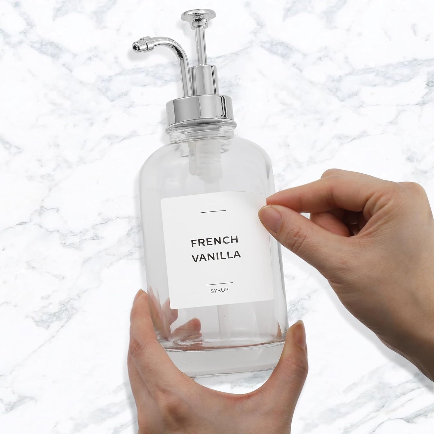 Coffee Syrup Dispenser with Pump - Includes 24 Flavor Labels - Glass Syrup Dispenser for Coffee Bar - Elevate your Beverage Station with 16.9 fl oz Flavoring Container Bottles, 4pcs, Silver