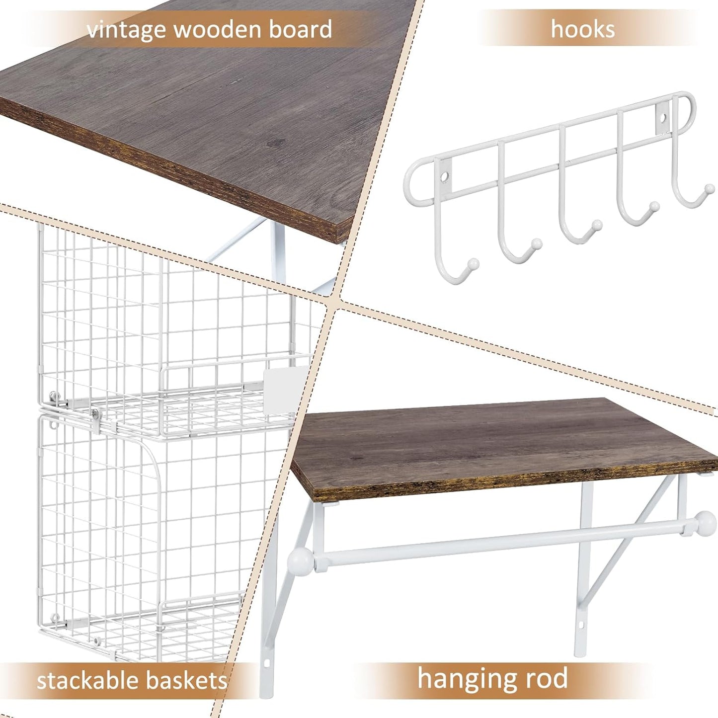 2 Set Laundry Room Shelves Wall Mounted with Wire Storage Baskets, Over Washer and Dryer Shelves with Hanging Rods and Hooks, Wire Shelves for Laundry Organization and Storage, White, Wooden