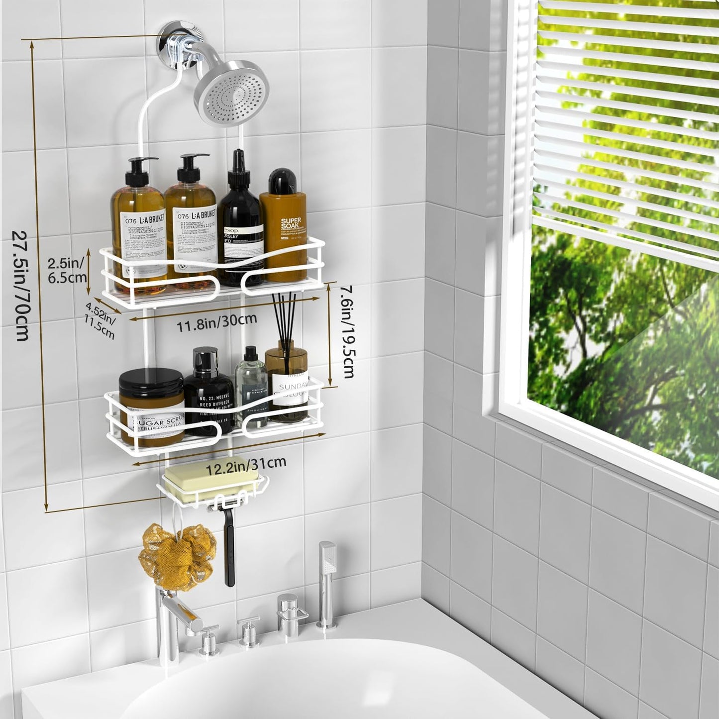 Over Head Shower Caddy - Bathroom Shower Organizer with Soap Holder & 6 Hooks for Towels, White, 76L Capacity, Hanging Mount, Rust Resistant